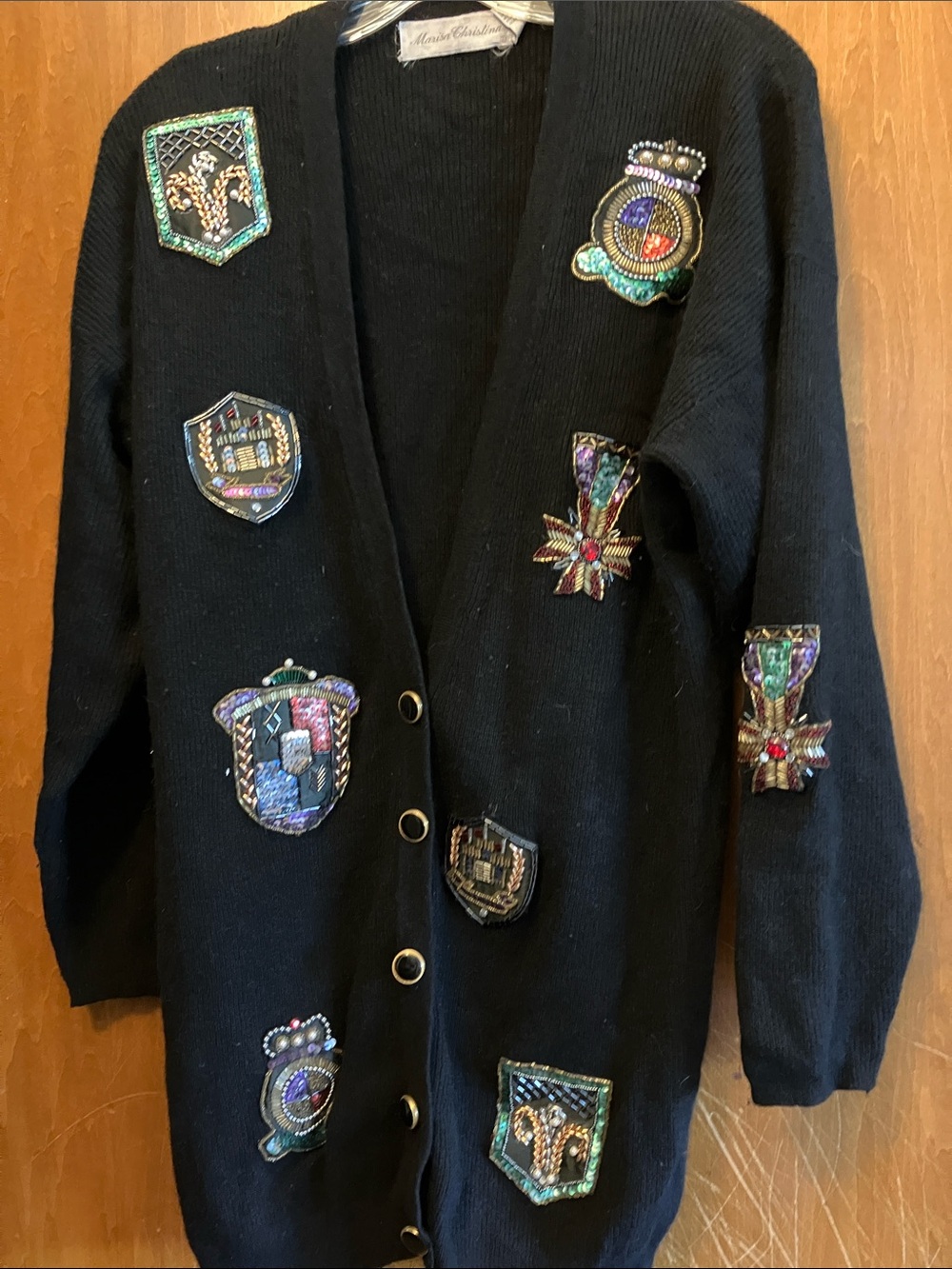 Marisa Christina Black Cardigan with Beaded Crest Patches size Medium